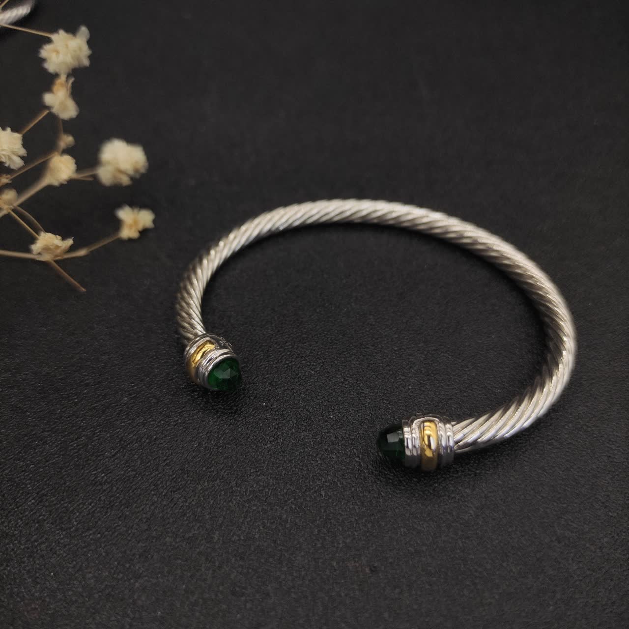 David Yurman Silver Cable Wire Bangle with Emerald Beads